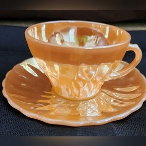 Fire King Cup & Saucer - Vintage Peach Luster Swirl. Excellent vintage condition